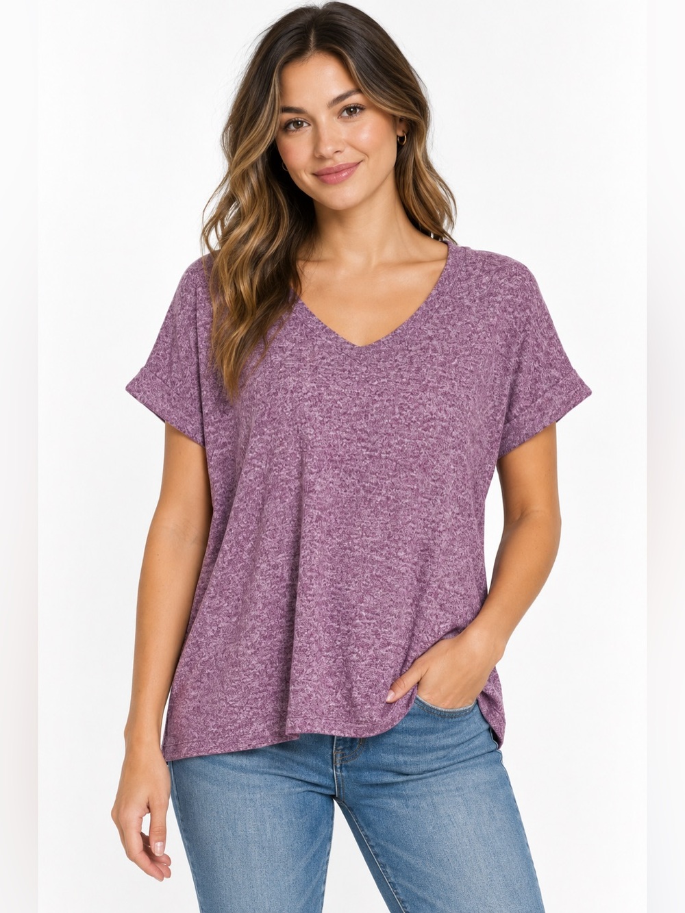 Zenana Melange Plum Eggplant Black V-Neck Short Sleeve Cuffed Relaxed Fit
